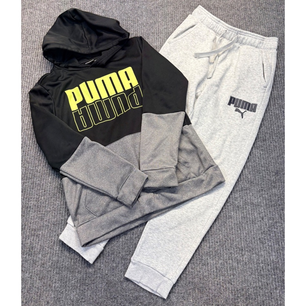 Puma Kids Boys Hoodie and Joggers Set Grey Black Neon Yellow Size M 10/12